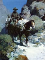 Two Cowboys through the Canyon Pass at Night