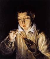 A Boy Blowing on an Ember to Light a Candle