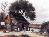 Louisiana Cabin Scene with Stretched Hide on Weatherboard and Stock Chimney Covered with Clay