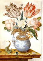Flowers in an Ornamental Vase, A Lizard Beside It