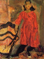 Young Girl in Red beside a Chair