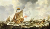 A Rowing Vessel approaching a Zeeland States Yacht Firing a Salute, in Choppy Seas off Vlissingen, with Other Shipping Beyond