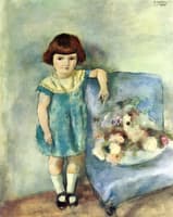 Little Girl beside a Bunch of Flowers