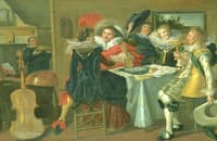 Interieur mit frÃ¶hlicher Tischgesellschaft