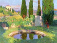 Bassin dans le parc de Marquayrol avec l'atelier d'Henri Martin