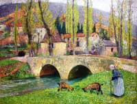 Vieille femme mentant deux chèvres près du pont de Labastide-du-Vert