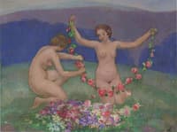 Two young girls with garlands