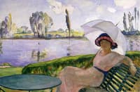 At Andelys, Young Woman with Umbrella on the Edge of Water