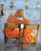 Girl in red dress by a swimming pool