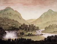 Mountainous Landscape with a Castle and Waterfall