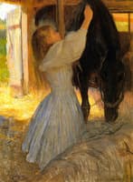 Child Grooming a Horse