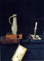 Jug, Books and Candle on a Cupboard Shelf