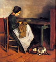 Girl Sewing with Cat - Dutch Interior