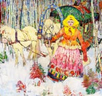 Mongolian Girl with Sled and White Horses