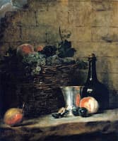 Basket of White and Red Grapes, with Silver Goblet, Bottle, Peaches, Plums and a Pear