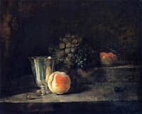 Silver Goblet, Peach, White and Red Grapes, and Apple