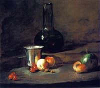Carafe of Wine, Silver Goblet, Five Cherries, Two Peaches, an Apricot and a Green Apple
