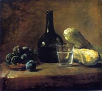 Basket of Plums, Bottle, Glass of Water and cucumbers