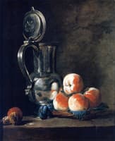 Pewter Jug with Basket of Peaches, Plums and Walnuts