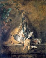 Two Rabbits, a Grey Partridge, Game Bag and Powder Flask