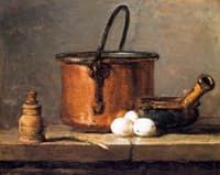 Tinned Copper Pot, Pepper Box, Leek, Three Eggs and a Casserole