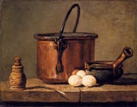 Tinned Copper Pot, Pepper Box, Leek, Three Eggs and a Casserole