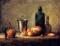 Seville Orange, Silver Goblet, Apples, Pear and Two Bottles