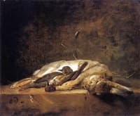 A Rabbit, Two Thrushes and Some Straw on a Stone Table