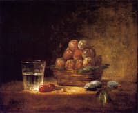 Basket of Plums with a Glass of Water, Two Cherries, a Cherry Stone and Three Green Almonds
