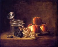 Basket of Peaches and Red and White Grapes with Wine Cooler and Stemmed Glass