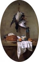 Duck Hanging by one Leg, Pâté, Bowl and Jar of Olives