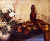 Still LIfe of Flowers in a Bowl, Fruit and a Glass Bottle