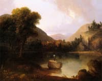 Mountain Lake with Man Fishing