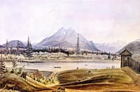 Hudson's Bay Company Fort Langley, Left Bank of Fraser River, Langley Butte in the Distance