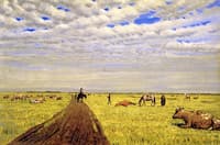 Manitoba Prairie Scene with Three Figures, Horses and Cattle