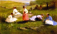 Young Girls Picking Flowers