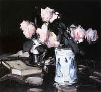 Roses in a Blue and White Vase, Black Background