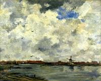 Windmill and Houses beside the Water: Stormy Sky