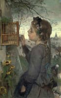 Girl feeding her Bird in a Cage