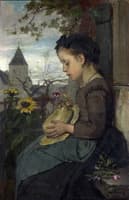 A Girl Seated Outside a House