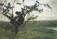 Paesaggio con donna su un albero