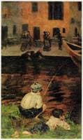 Canal Naviglio with Two Fishing Boys