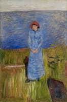 Woman with Red Hat in the Fjord