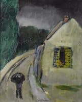 Rue de village sous la pluie