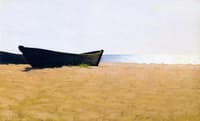 Two Boats on the Beach, the Sun Glittering over the Sea