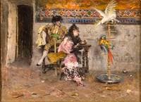 Couple in Spanish Dress with Two Parrots