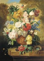 Flowers n a terracotta vase on a marble ledge in a landscape