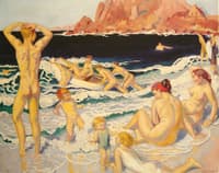 Plage au canot et à l'homme nu
