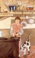 Young Woman in the Kitchen with a Cat