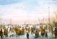 Numerous Figures on the Ice at Sunset